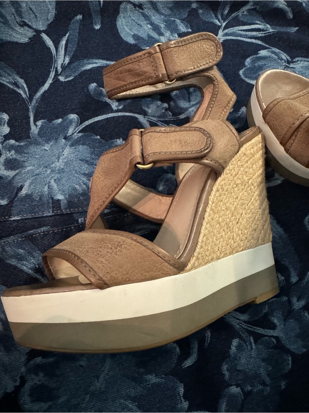 Joan & David Tan Leather Wedge Sandals